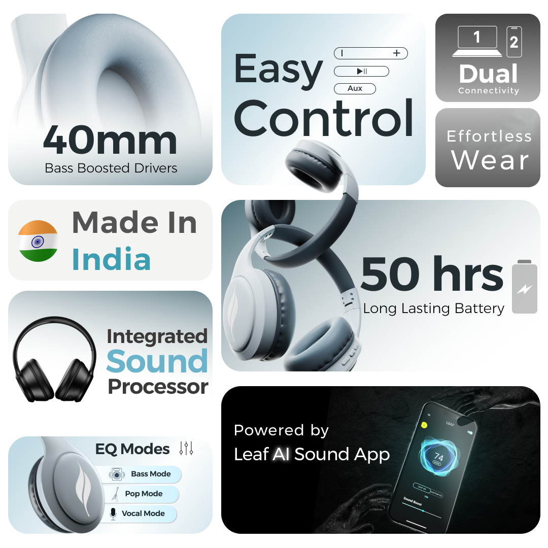 Leaf Bass Pro Wireless Headphones (Aqua Grey)